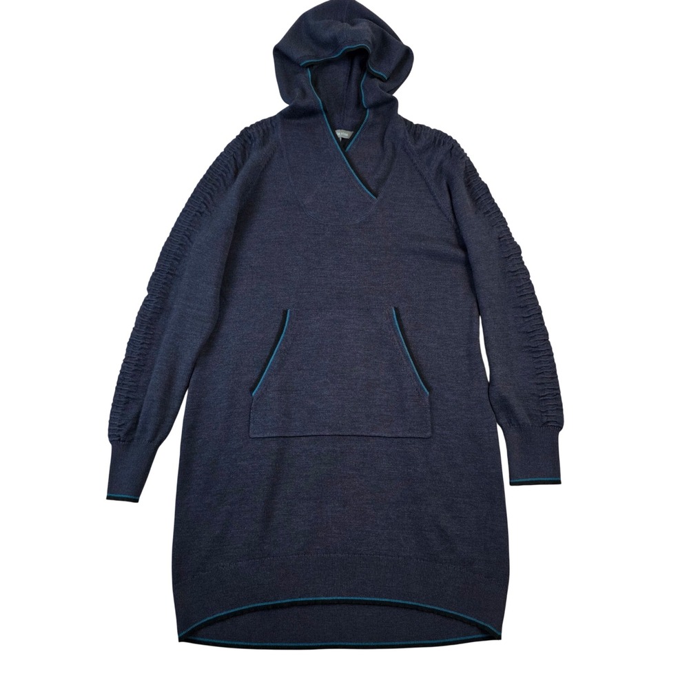 Title Nine Merino Wool Blend Ruched Sleeve Hooded Tunic Sweater Dress Navy sz XL